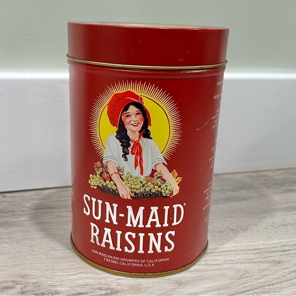 Vintage 1987 Sun Maid Raisins Aluminum Tin Fresno California USA 6” With Lid